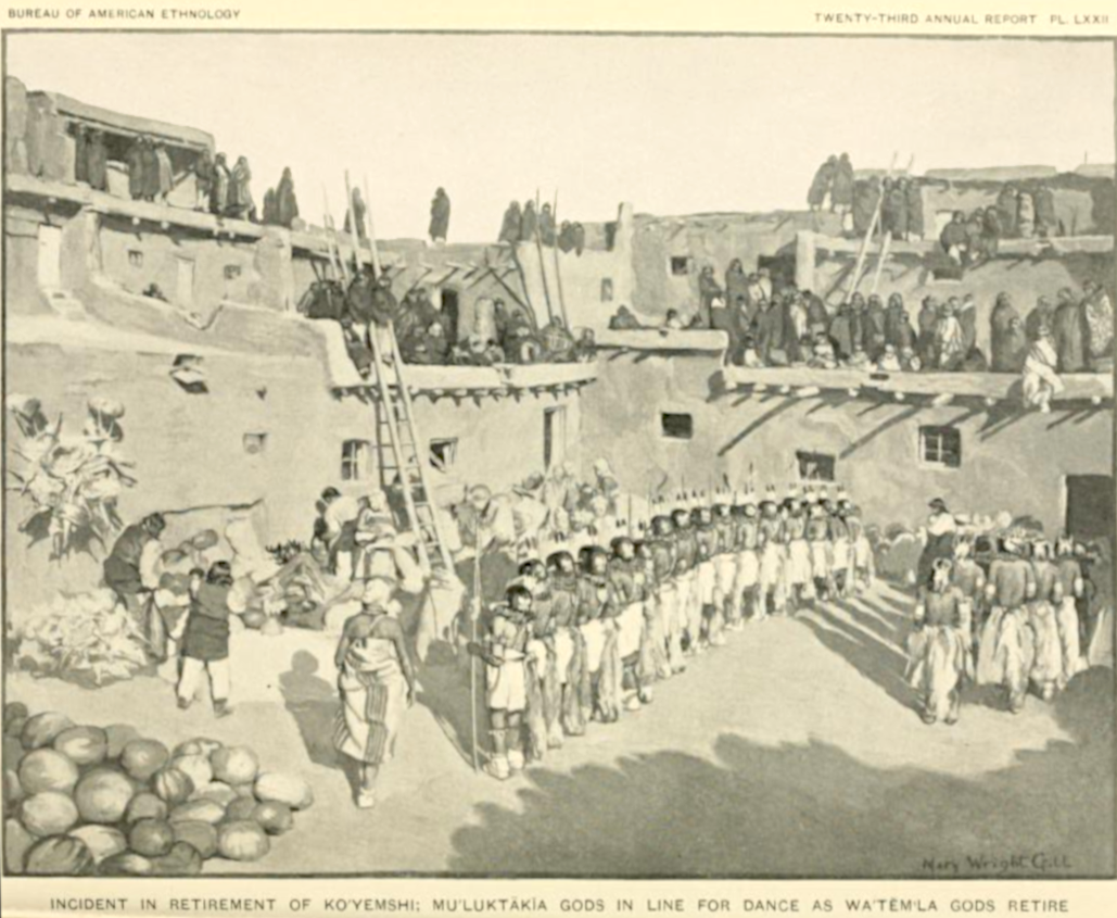 Zuni ceremonial Ko'Yemshi, Corn, gourds, melons offerings seen on foreground, circa 1900